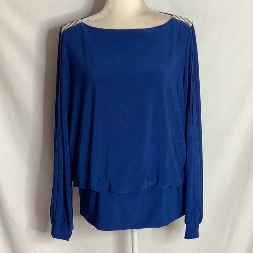 Dress Barn Blue Women's Blouse with Rhinestone Embellished Shoulders Size L
